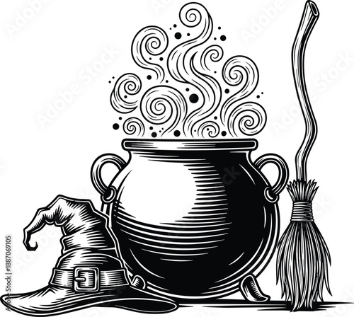 Witchcraft cauldron icon set, magical steam, hat and broomstick for Halloween theme - flat vector illustration