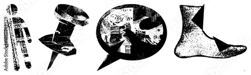 Abstract Silhouettes of Human, Pin, Cat in Bubble, and Sock in Halftone Vector Art