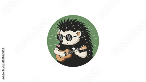 Cute hedgehog playing guitar wearing sunglasses and rockstar outfit.