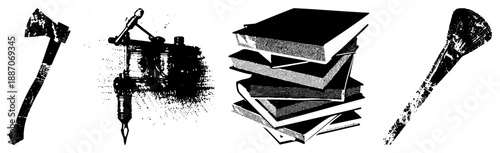 Vintage Tattoo Machine,, Book Stack, and Brush Vector