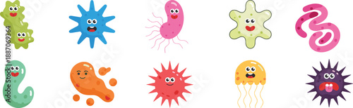 Cute cartoon bacteria and virus characters set, colorful funny microorganisms collection for kids education, science, medical illustration and biology concept