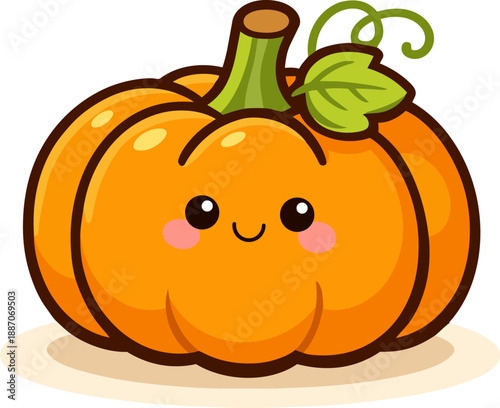 Cute kawaii pumpkin with a smiling face and rosy cheeks. Bright orange color with a green stem. Cartoon style with thick outlines and flat colors. 