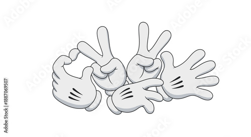 Three hands showing peace signs with fingers and thumbs up gesture.