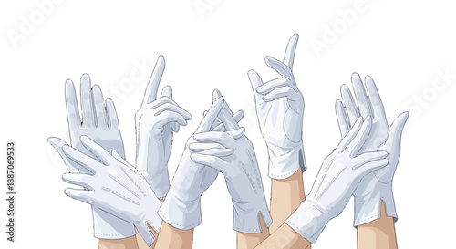 Multiple hands wearing white gloves gesturing in various directions.