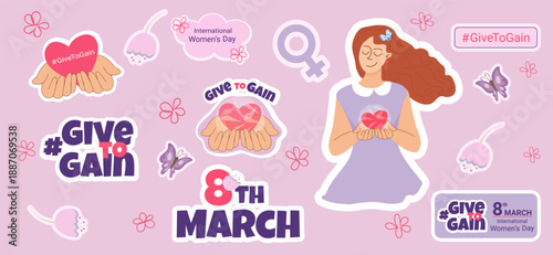 Cute flat set of vector stickers for International Womens Day with woman holding heart, female symbols, flowers and GiveToGain message. Pastel design for social media, stickers and campaigns.
