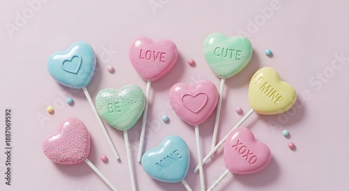 Heart-shaped lollipops with love messages displayed on pastel background with colorful sprinkles and sweet treats