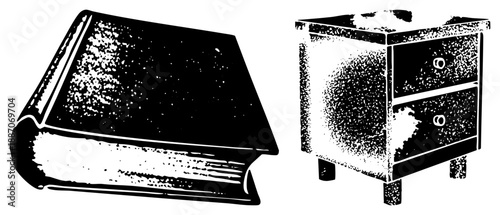 Vintage Book and Nightstand with Textured Halftone Illustration