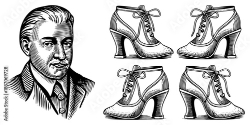Vintage Man Portrait with Retro Heeled Shoes Set
