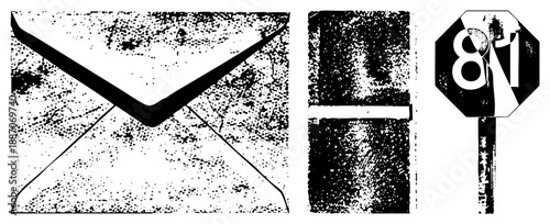 Vintage Grunge Envelope, Road Sign, and Stop Sign with Weathered Textures