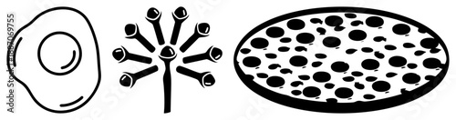 Three Black Fried Egg, Flower, and Pizza with Dots