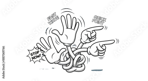 Cartoon hands gesturing stop and pointing in different directions.