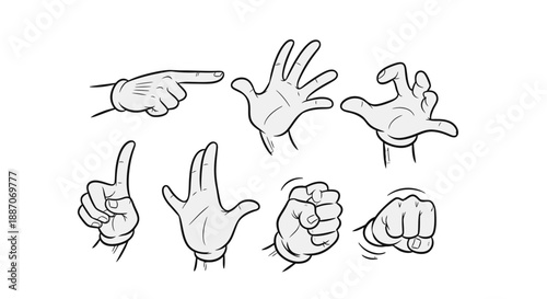 Hand gestures drawn in black and white, various poses and signs.