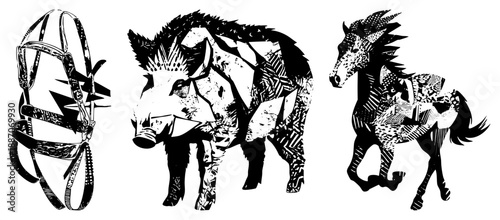 Stylized Horse Bridle, Wild Boar, and Running Horse in Graphic Vector Art