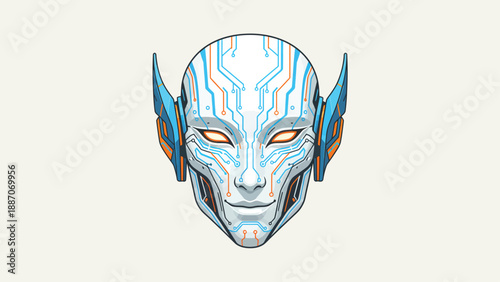 Detailed illustration of a futuristic alien cyborg head with glowing eyes.