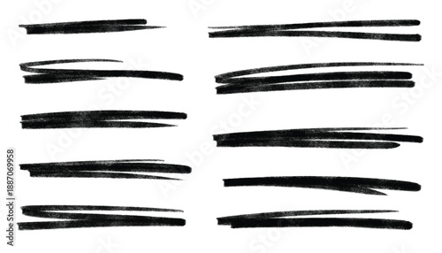 Black color underline crayon set. Doodles design elements for emphasizing text lines and decorative accents. horizontal hand drawn chalk, marker or pencil highlighter strokes with rough textured edges