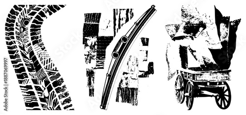 Vintage Car Tire, Windshield Wiper, and Covered Wagon Vector Set