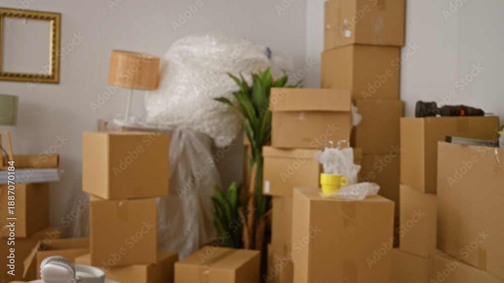 Fototapeta premium Stacked moving boxes, wrapped furniture and a lamp seen in a softly blurred interior background; backplate copyspace.