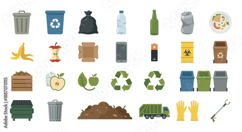 Collection of waste and recycling icons, including bins, bottles, food scraps, and a garbage truck, illustrating waste management and environmental themes.