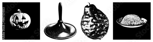 Halloween Jack o Lantern, Plunger, Rotten Pear, and Rice Dish in Halftone Vector Style