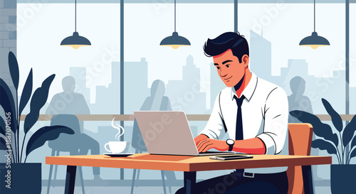 Vector illustration of a young business owner working on a laptop in a coffee shop cafe co-working space, representing startup culture and modern entrepreneurship in flat vector style