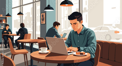 Vector illustration of a young business owner working on a laptop in a coffee shop cafe co-working space, representing startup culture and modern entrepreneurship in flat vector style
