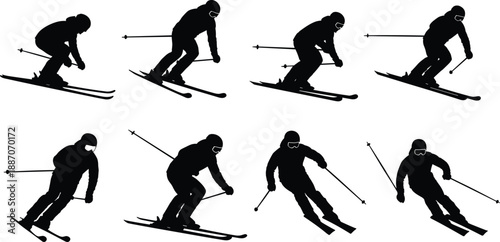 Alpine skiing silhouettes showing skier motion downhill, winter sport action poses, extreme speed, mountain adventure, isolated black figure collection illustration