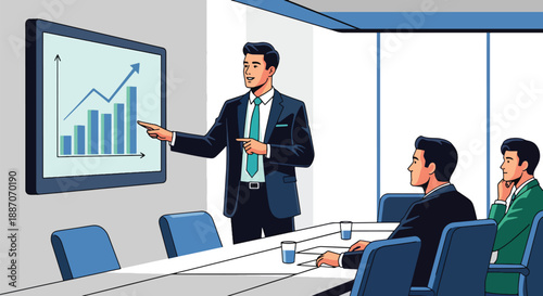 Vector illustration of a young businessman giving a digital presentation, showing leadership, innovation, and professional communication in flat vector style