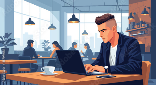 Vector illustration of a young business owner working on a laptop in a coffee shop cafe co-working space, representing startup culture and modern entrepreneurship in flat vector style