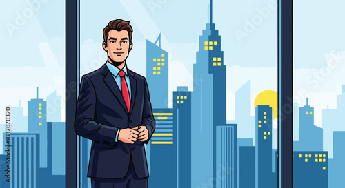 Vector illustration of a young CEO standing by an office window with city view, symbolizing ambition, leadership, and modern corporate success in flat vector style