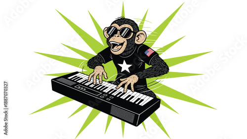 Funny monkey playing a keyboard with sunglasses.