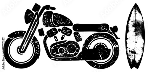 Vintage Motorcycle and Surfboard Stylized Graphic Design