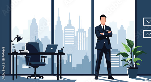 Vector illustration of a young CEO standing by an office window with city view, symbolizing ambition, leadership, and modern corporate success in flat vector style