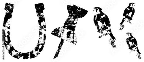 Grunge Styled Horseshoe, Knife, and Parrot Silhouettes in