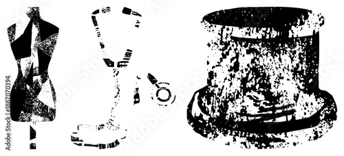 Vintage Fashion Accessories Mannequin, Necklace, Top Hat in Halftone Vector Style