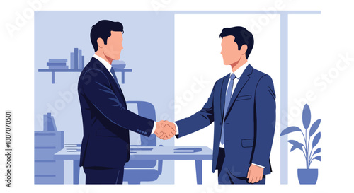Vector illustration of a businessman shaking hands with a client, representing successful deal making and professional trust in flat vector style