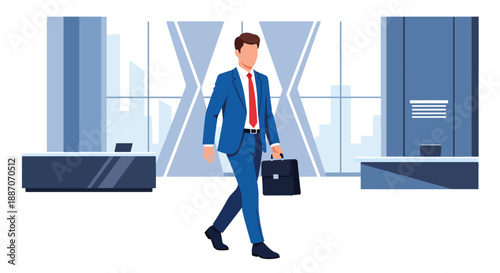 Vector illustration of a businessman with a briefcase walking through a corporate lobby, reflecting modern professional lifestyle in flat vector style