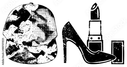 Urban Fashion Baseball Cap, High Heel, and Lipstick in Halftone Style