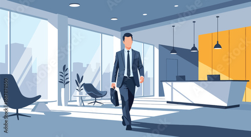 Vector illustration of a businessman with a briefcase walking through a corporate lobby, reflecting modern professional lifestyle in flat vector style
