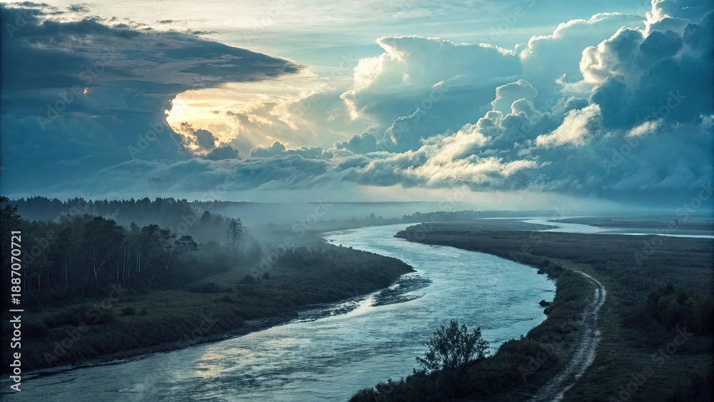 Naklejka premium River flowing upward into illuminated clouds