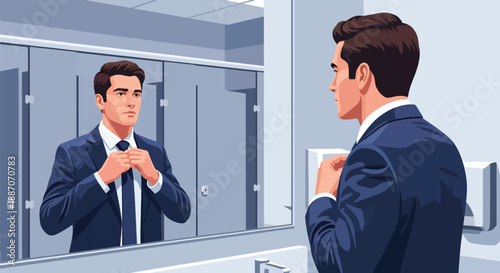 Vector illustration of a businessman adjusting his tie before a meeting, reflecting elegance and professional readiness in flat vector style