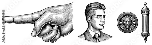 Vintage Halftone Illustration Set Featuring Hand, Man, Coin, and Spindle