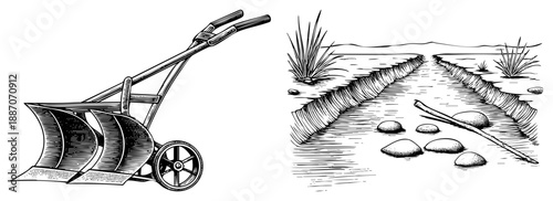 Hand Cranked Snow Plow and Winter Creek Scene with Rocks and Reeds