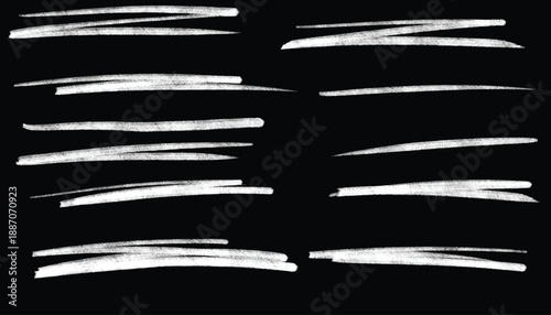 Set of hand painted chalk brushes, brush strokes and ornaments. Collection of spray white paint elements on black. Sketch grunge charcoal. Pencil texture rough, freehand doodle scribble line art brush