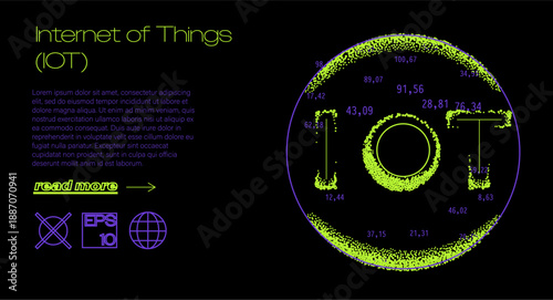 Glowing lime-green particle ring and neon IoT text on black background. Conceptual vector illustration for Internet of Things, IoT network visualization, smart connected devices.