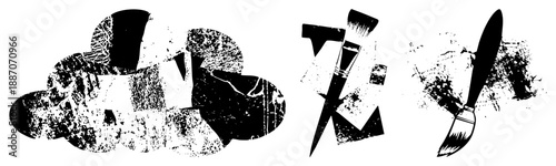 Abstract Brushstroke Art with Textured Ink Splatters and Paintbrush Silhouettes