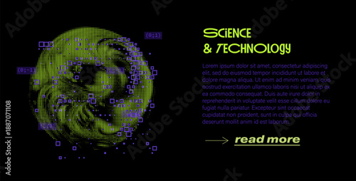 Neon green sphere made of digital pixels and purple squares on a black background. Conceptual vector illustration for science, technology, digital innovation, and futuristic tech themes.