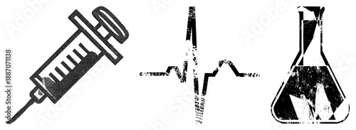Medical Syringe, Heartbeat, and Lab Beaker in Grunge Halftone Vector Set
