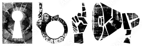 Four Symbols in Distressed Halftone Vector Style