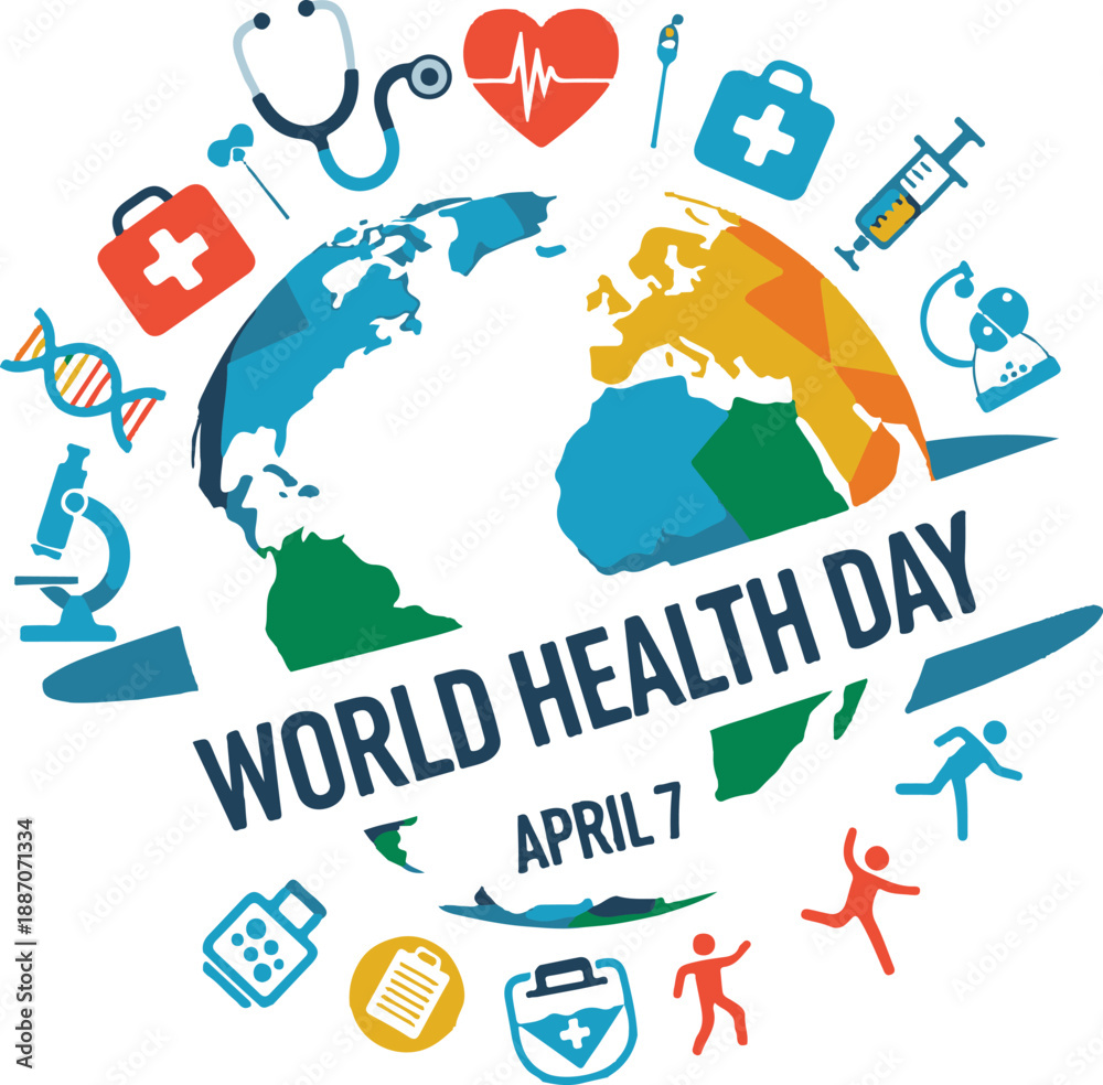 Obraz premium World Health Day Concept with Geometric Globe, Medical Icons, and Healthy Lifestyle Symbols on White Background