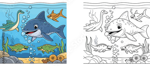 Happy cartoon prehistoric sea animals including plesiosaur and mosasaur swimming underwater with bubbles and shells in blue ocean vector illustration.